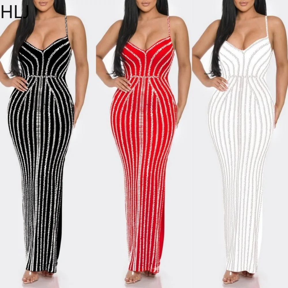 HLJ Mode Luxe Strass Bodycon Avondfeest Spaghetti Band Lange Jurken Vrouwen V-hals Mouwloos Backless Slanke Vestidos