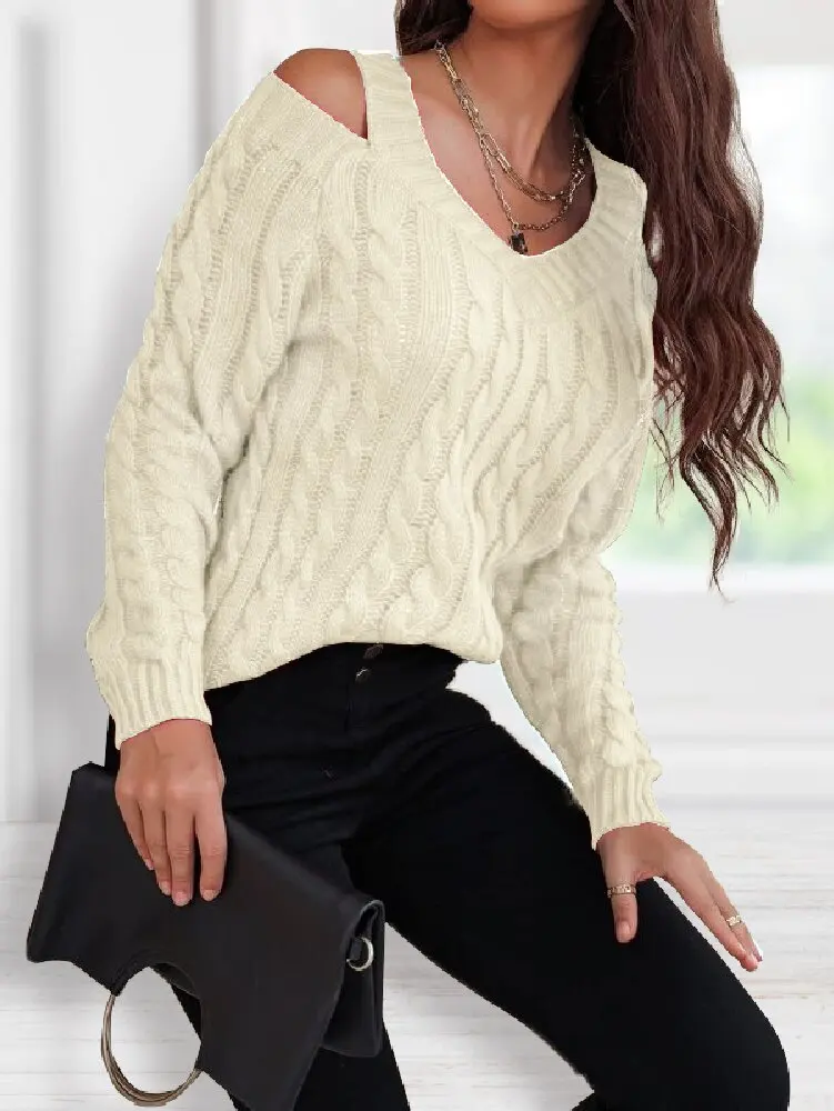 Knit V Neck Casual Fried Dough Twists Off Shoulder Sweater