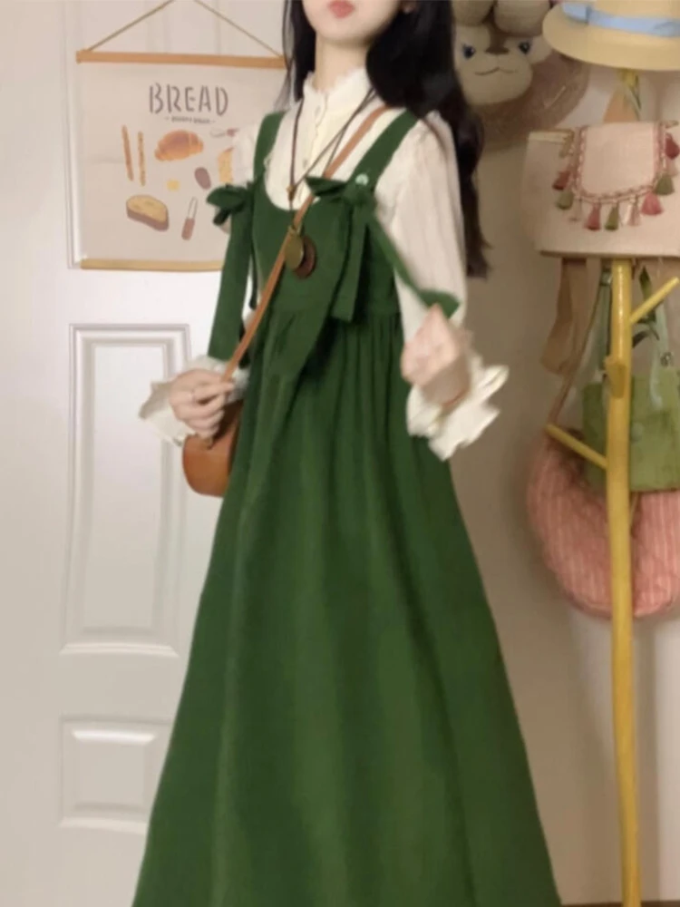 

een Strapl Long Dr Set Women's New 2026 Early Spring Korean Sle Sweet Loose Fit Polyester Fiber Long Sve Dr