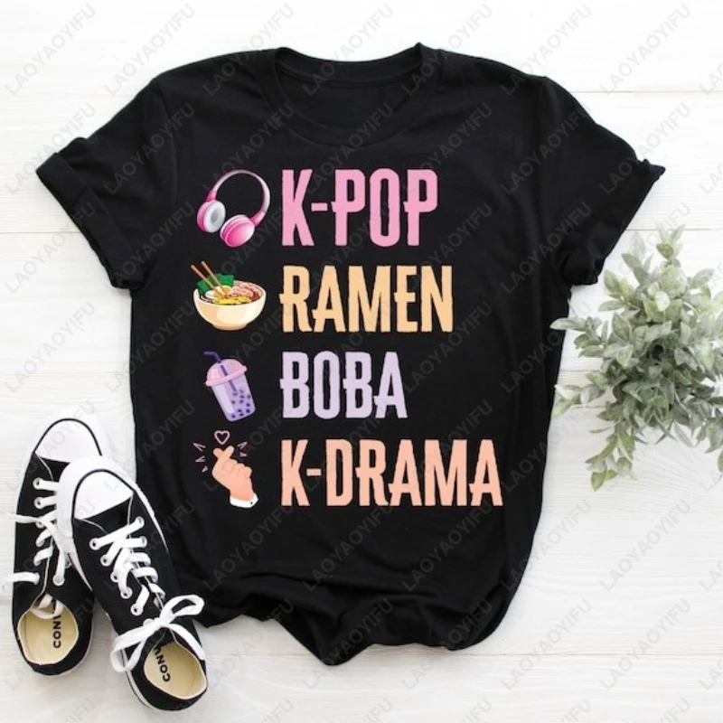 KPop Hand Symbol men women tops Ramen Bubble Tea Boba South Korea Music Lover cotton TShirt Gifts K drama Girl Boy Daughter tees