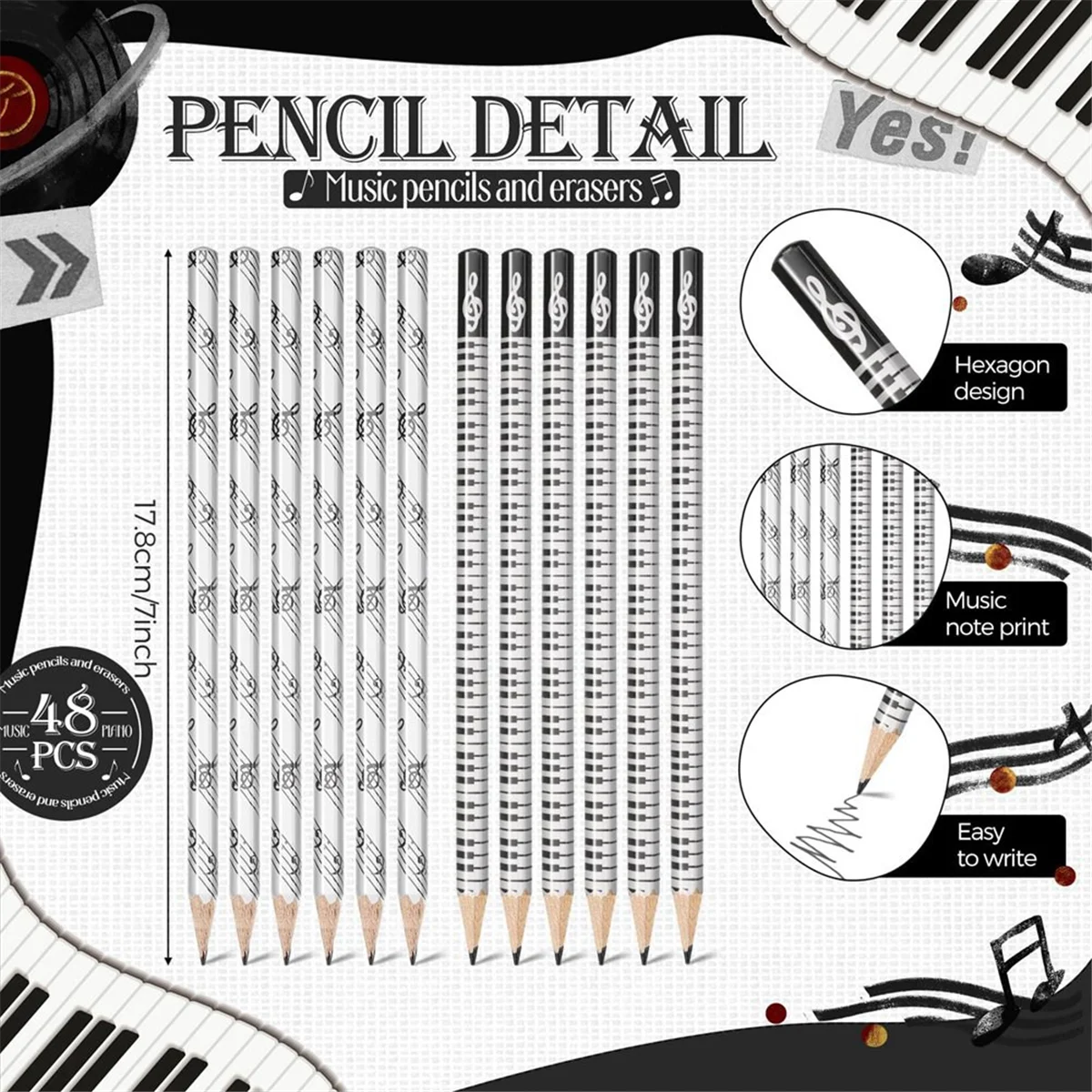 Music Pencils Music Note Pencil with Music Themed Erasers Wood Pencils Bulk Keyboard Fun Pencils Erasers Gift (96 Pcs)