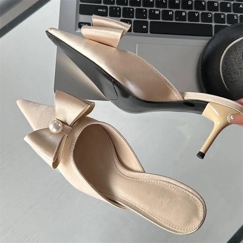 Eilyken Spring Sexy Butterfly-knot Women Slipper Pointed Toe Slip On Ladies Shoes Elegant Thin Heel Mules Dress Sandals