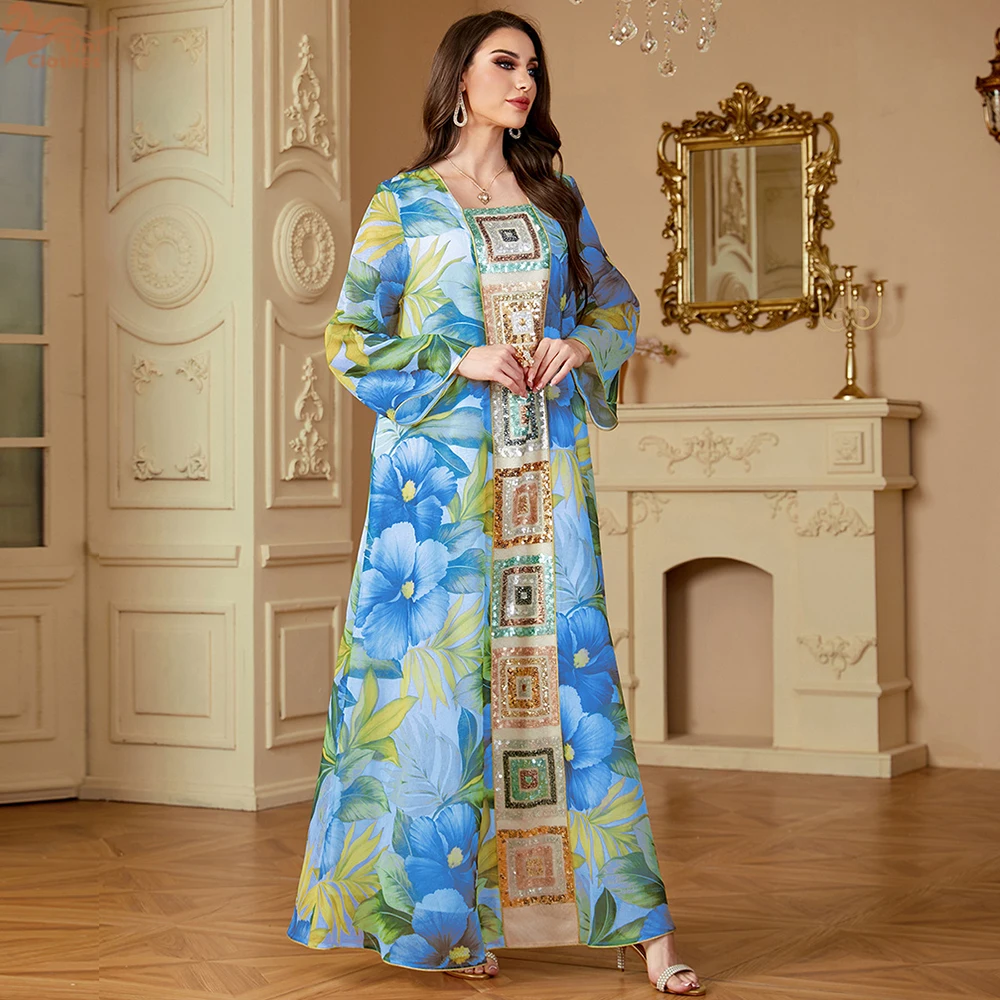2025, Dubai-Stil, muslimisches Damen-Abaya-Kleid, modischer Druck, Patchwork, lose Pailletten, bescheidene lange Robe, Abendgala