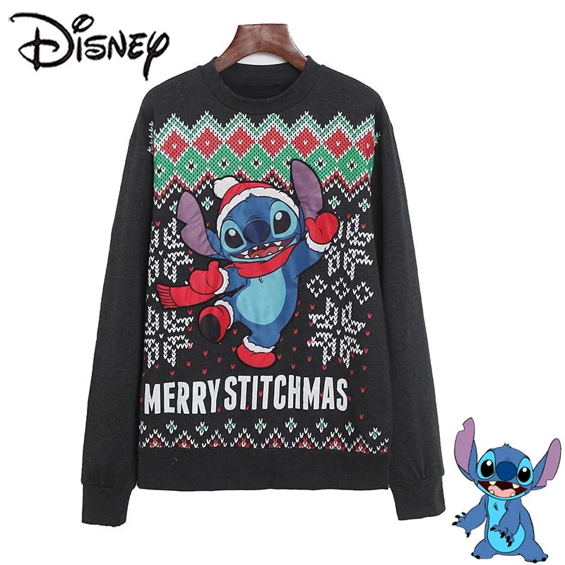 Christmas Style Disney Stitch Sweatshirt Fashion Women Embroidery Round Neck Long Sleeve T-Shirt Autumn Winter Warm Pullover Top