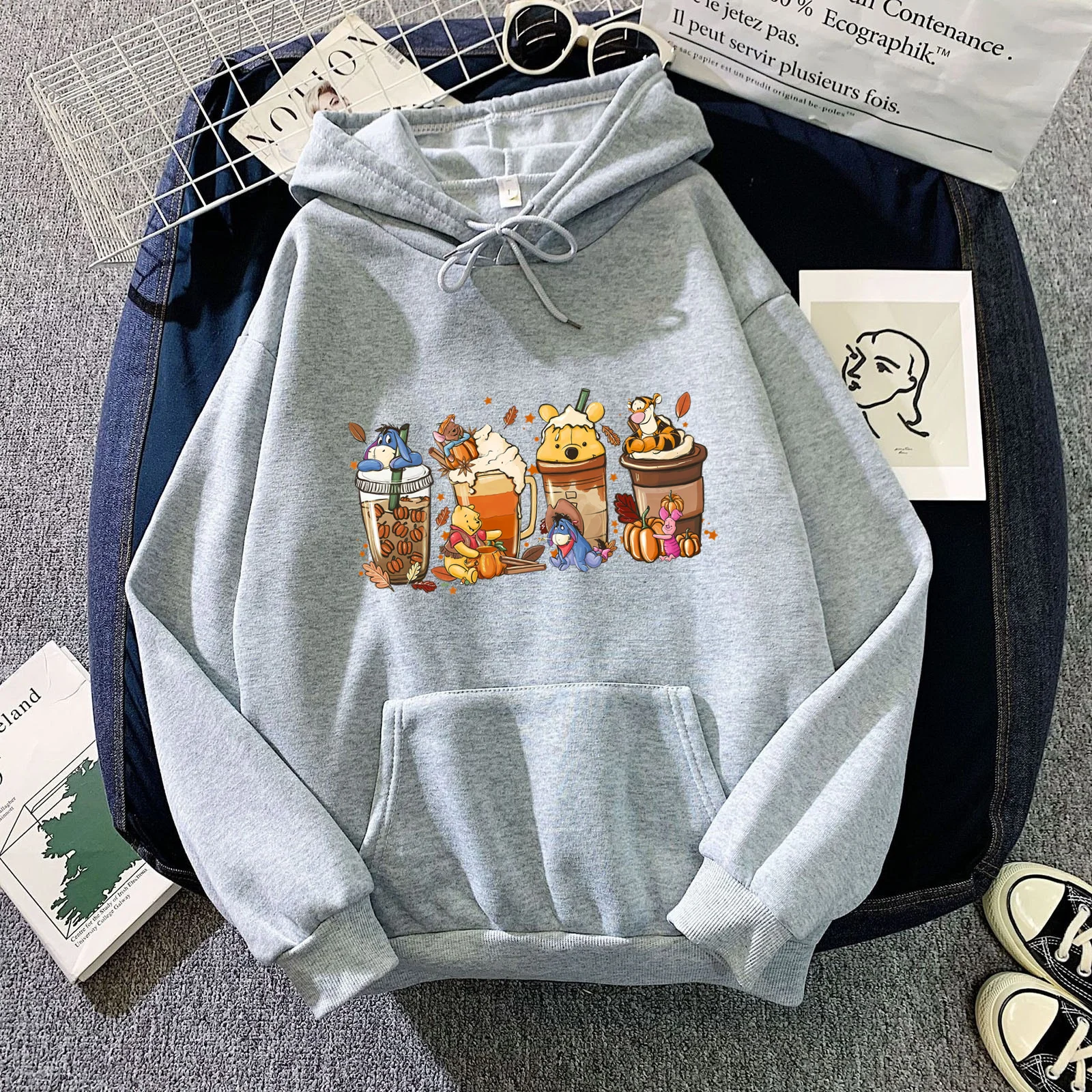 Women Fall Winnie the Pooh Coffee Print Pullovers Ladies Long Sleeves Halloween Sweatshirts Women Clothes Coffee Lover Tops