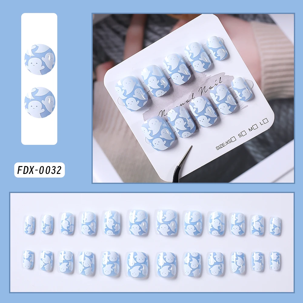 24pcs Short Square Cute Funny Ghost Fake Nail Blue White Ghost Design Press On Nails Cartoon Ghost Nail Patch False Nails Tip