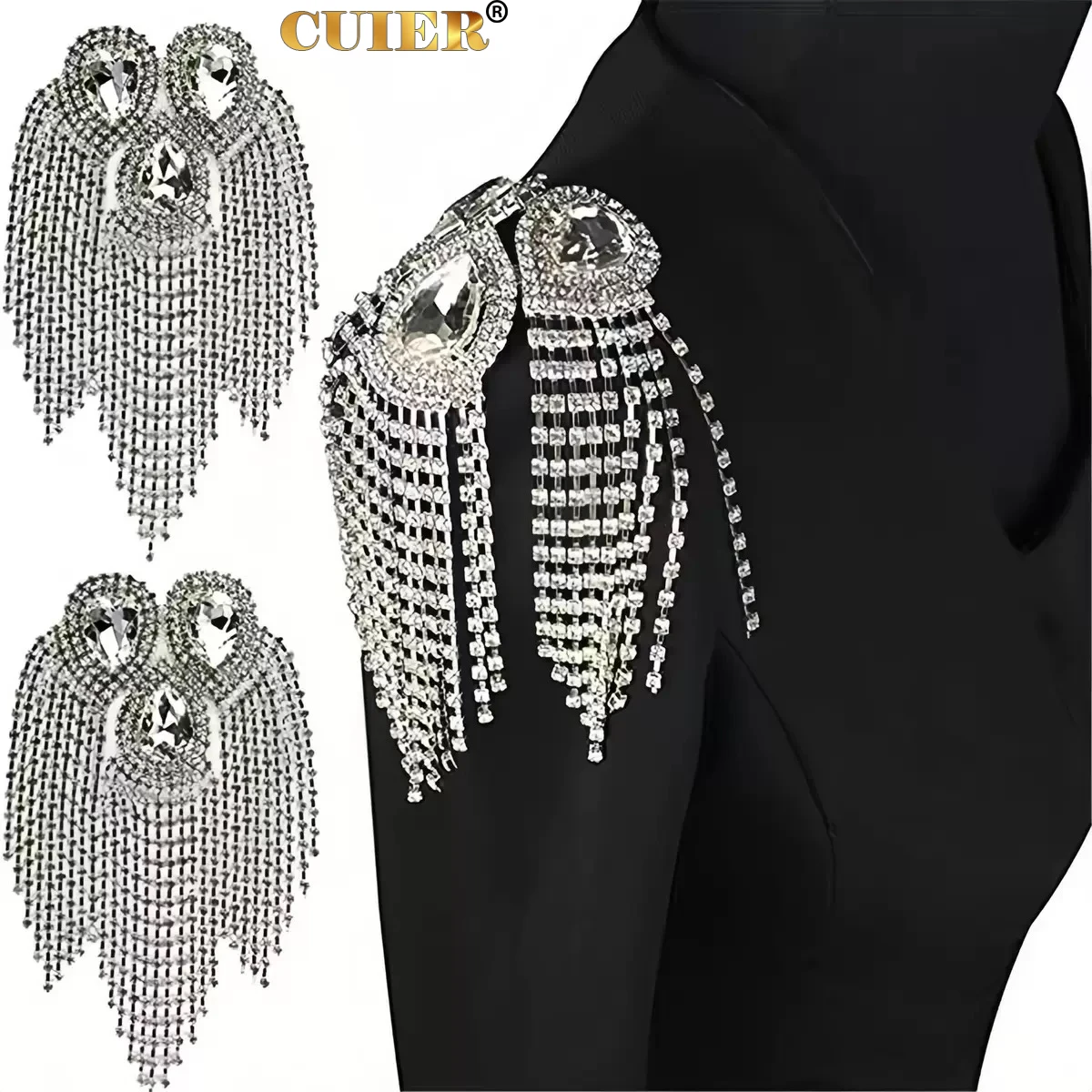 

CUIER Large Drop Rhinestone Tassel Drill Flower Applique DIY Shoulder Chain Accessory for Suit Dress - Glittering Drill Design