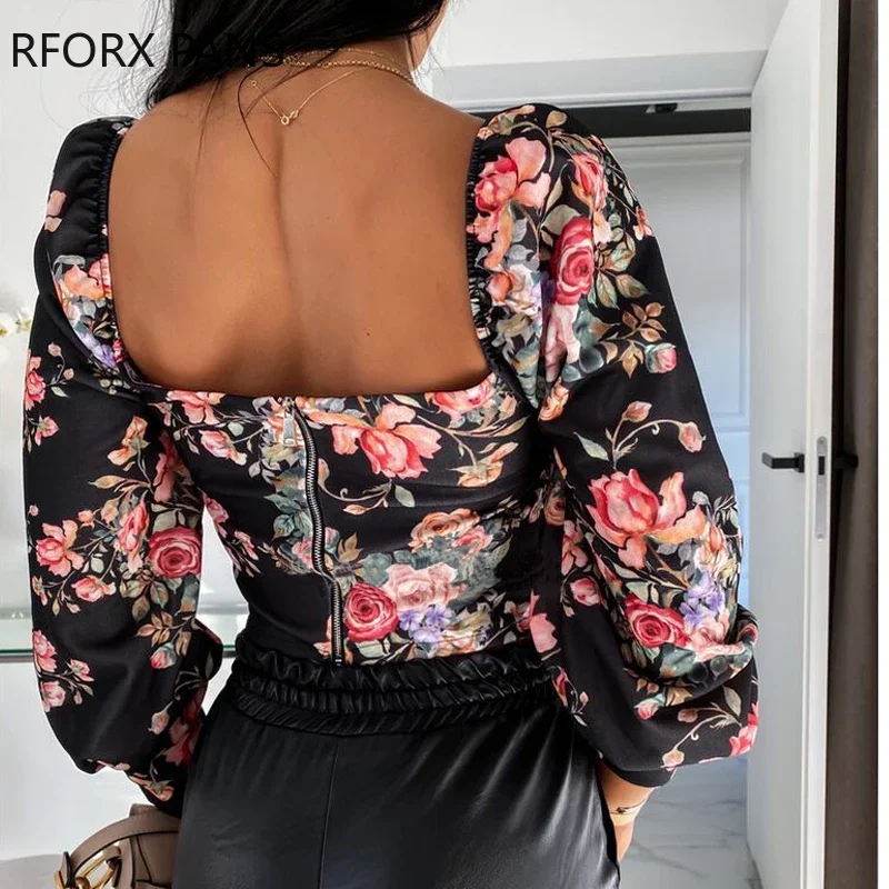 Long Sleeve Square Neck Floral Print Top Women Plus Size Tops Spring Tops and Blouses