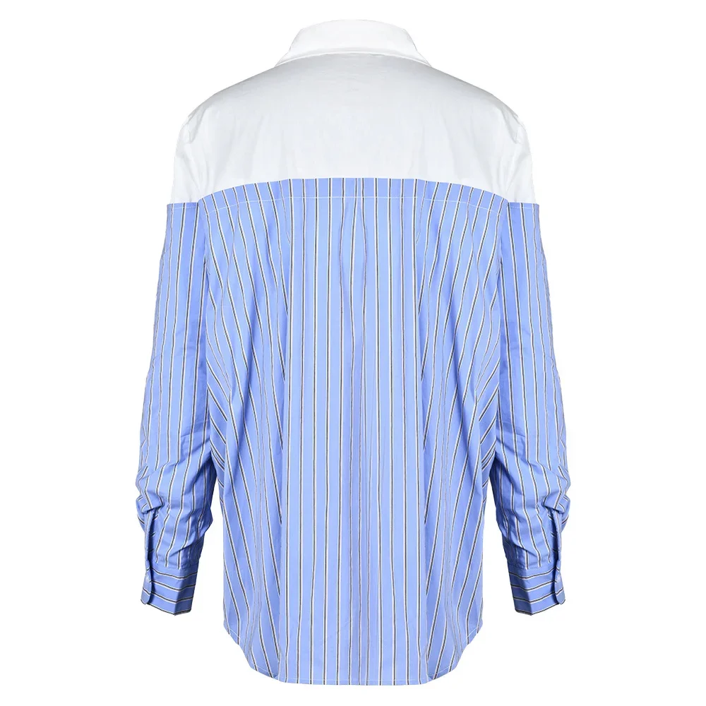 SuperAen 2024 Fake Two Blue and White Striped Shirts New Style Contrasting Color Splicing Design Niche Shirt