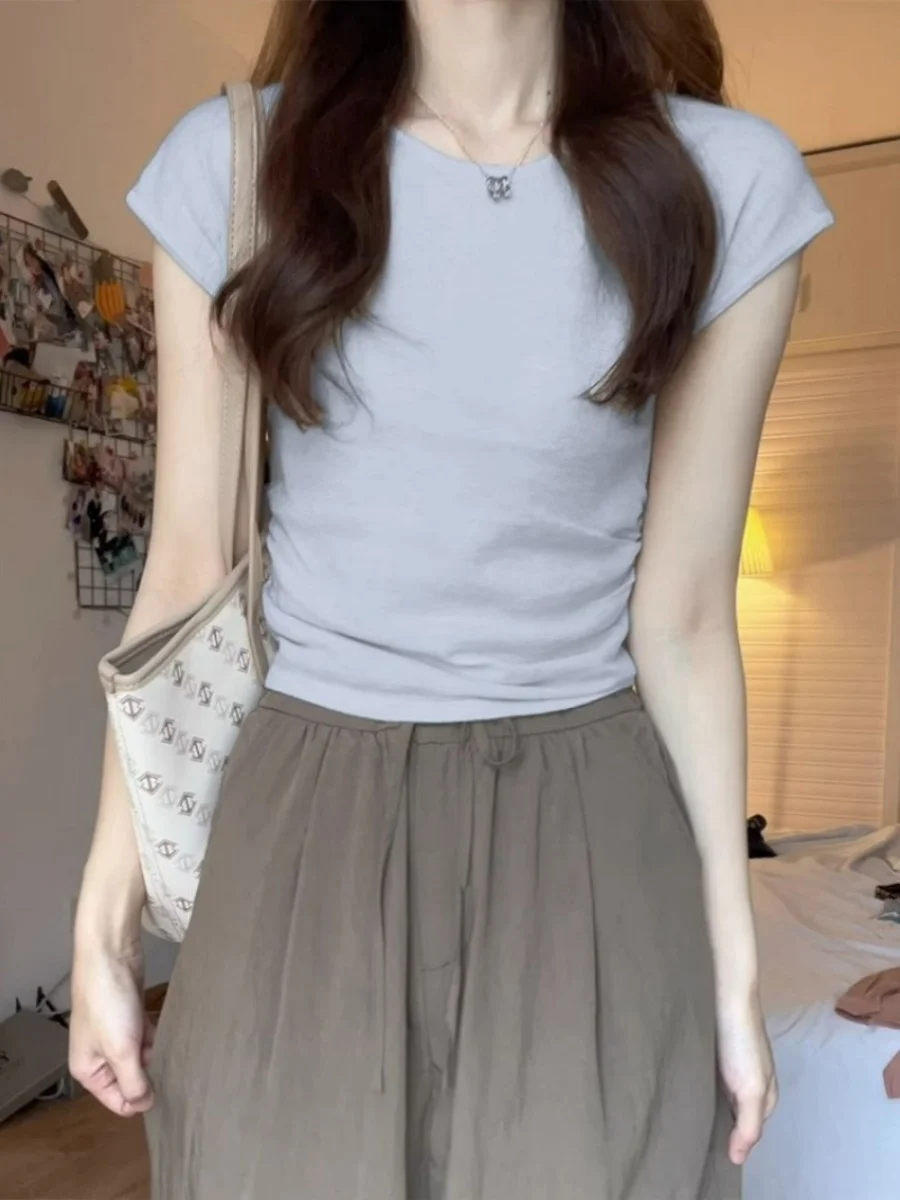 Slim Fit Knitted Short Sleeve T-Shirt Women's Summer Waist-Cinching Design Pastel Blue Folded Shoulder Top Korean Style round...