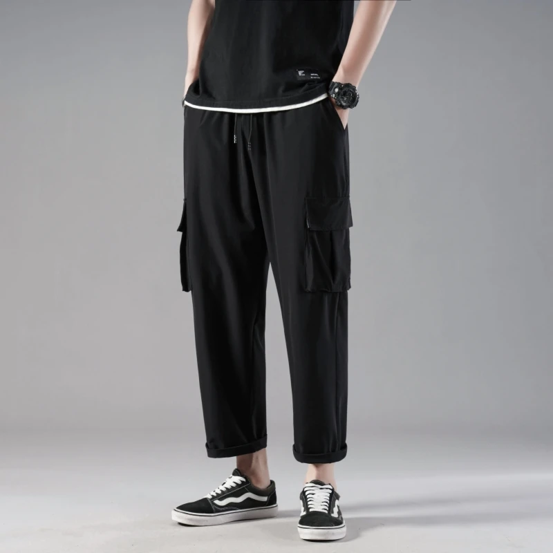 

2022 Summer New Casual Straight Nylon Four Side Elastic Thin 9-Point Trousers Korean Fashion Youth Casual Quick Dry Loose Pants