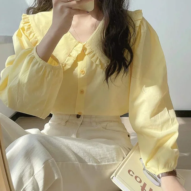 

Sweet Peter Pan Collar Shirt Women Vintage Long Sleeve Blouse Female Preppy Style Yellow Blue Loose Buttons Kawaii Tops Y2k 블라우스