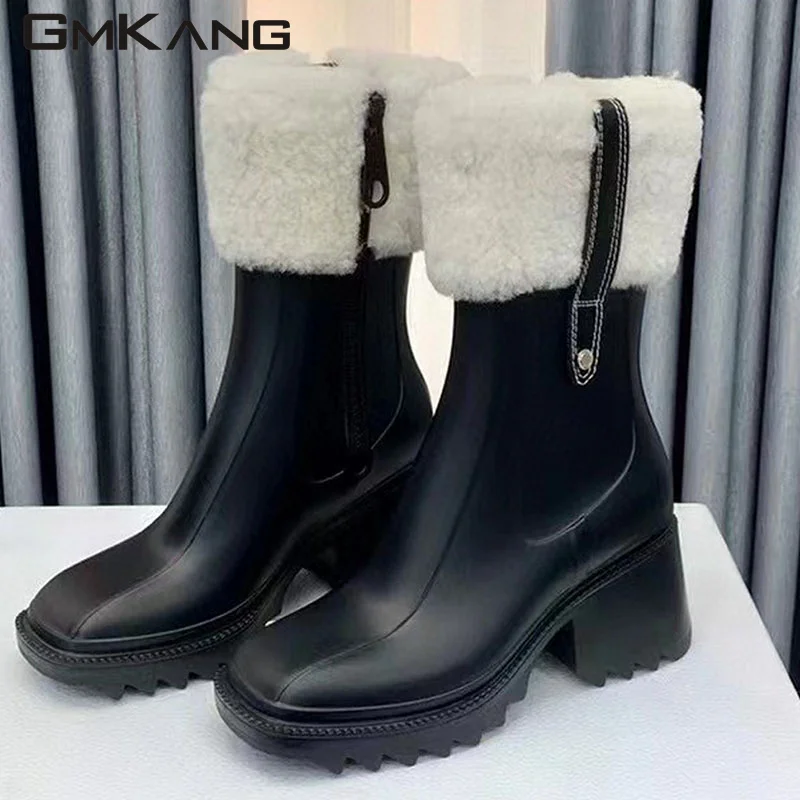 Square Heels Rainboots Women Rubber Waterproof Runway Shoes Female Fashion Chunky High Heels Short Boots Rain Shoes Woman