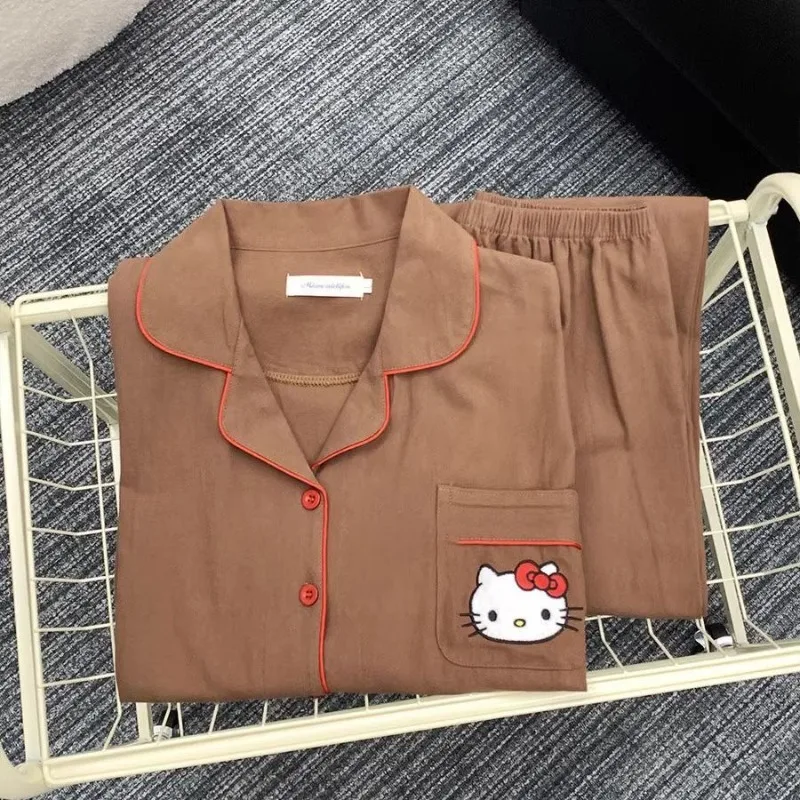 

Модные однотонные пижамы HelloKitty из чистого хлопка для девочек, весенне-осенние брюки с длинными рукавами, милый комплект домашней одежды с героями мультфильмов