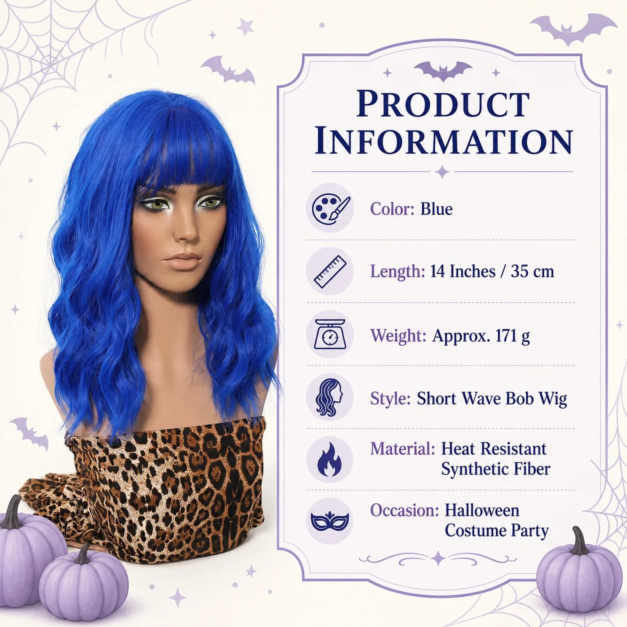 Blue Wavy Bob Wig with Bangs 14 Inch Heat Resistant Synthetic Fiber Hair Wig for Women Halloween Cosplay Costume Party