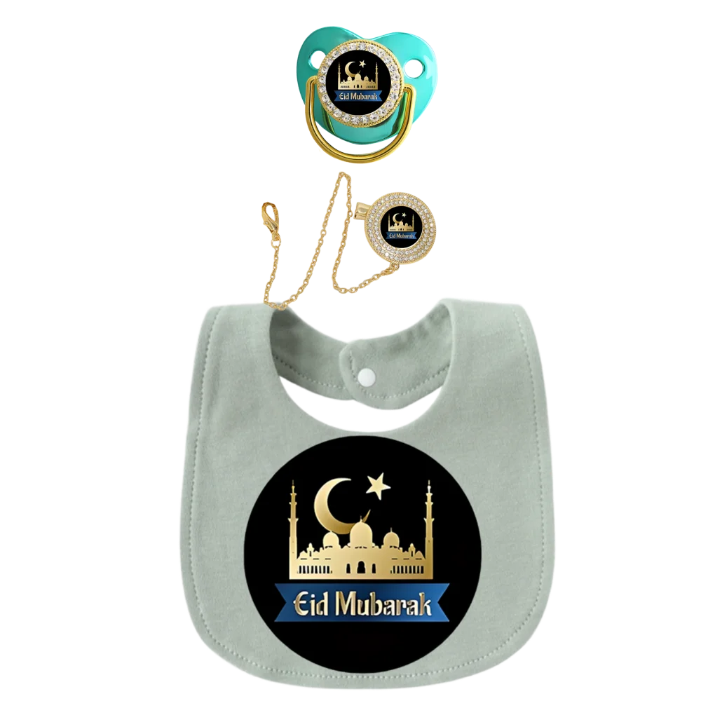 Arabic Print Newborn Pacifier with Baby Chain Clip Toddler Feeding Bib 3Pcs Set Muslim Islamic Soother Dummy Silicone BPA Free