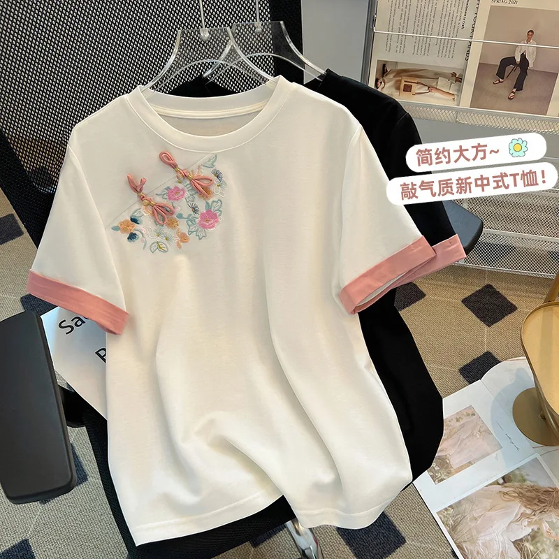 815/Cotton New Chinese Short Sleeved For Women In Summer, European Style Round Neck T-Shirt With Trendy Button Closure