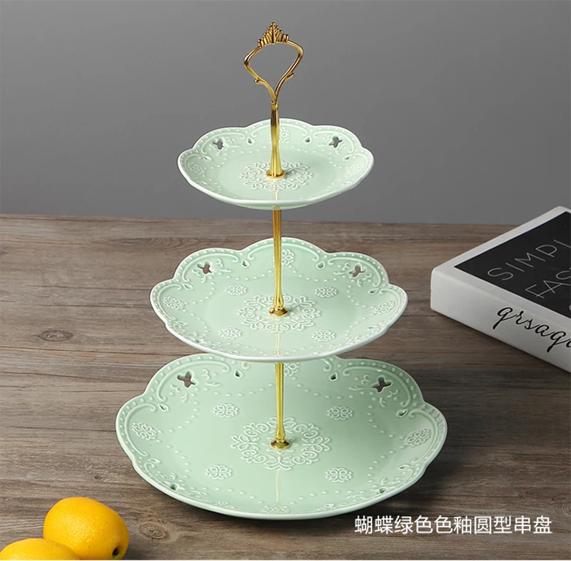 3pcs Set, Embossed Porcelain Red Green Blue, 3 Tier Fruit Stand, Ceramic Fruit Plate for Wedding Party, Cake Plate Stand Vintage