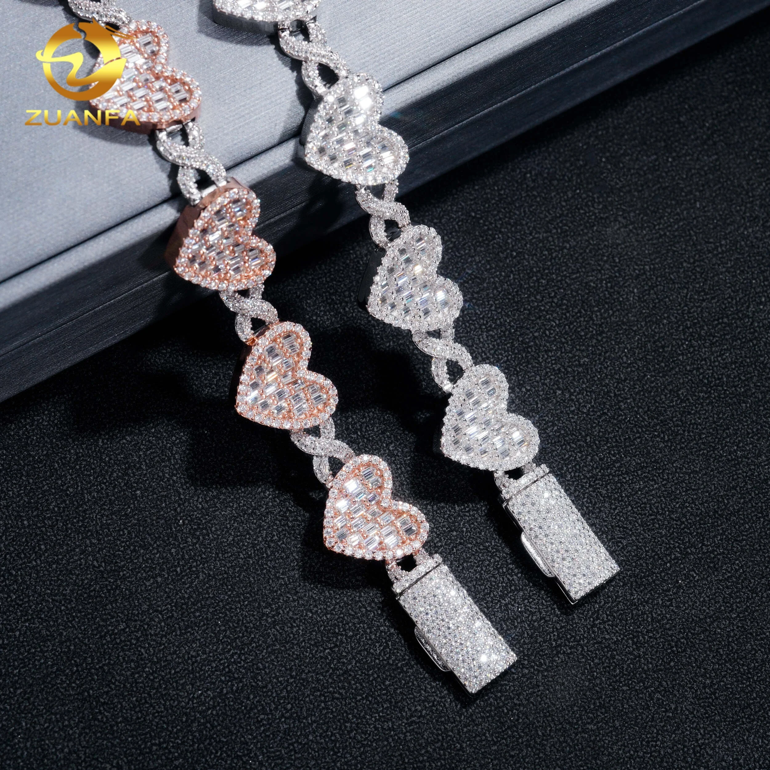 Hop Hip Pass Diamond Test Baguette Moissanite 14mm Heart Iced Out Cuban Link Bracelet 925 Sterling Silver Linked Men Bracelet.