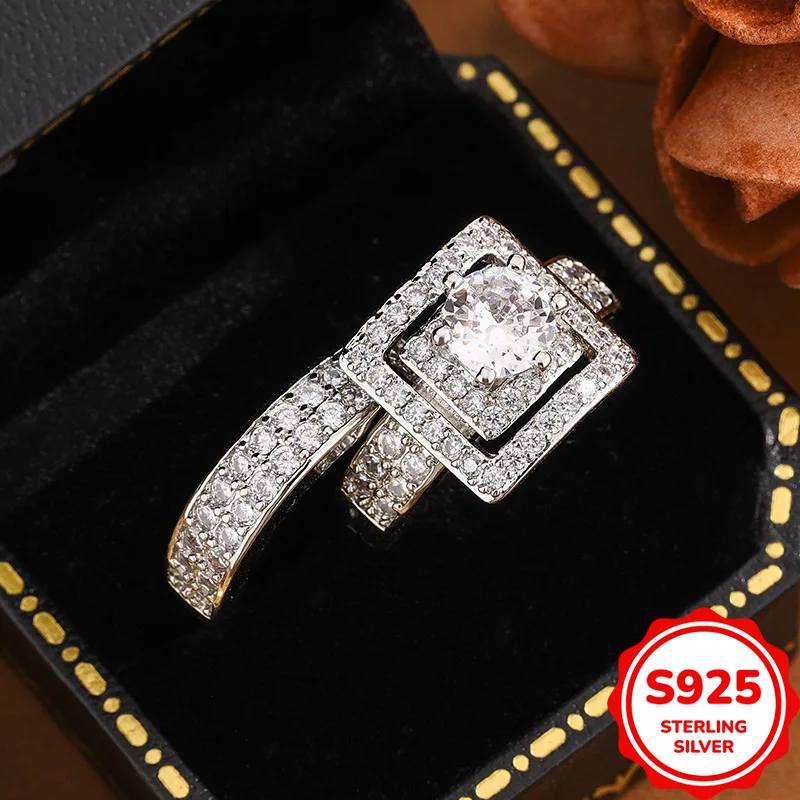Heavy Industry Luxurious Temperament Versatile Authentic S925 Silver Square Zircon Double Layer Ladies Wedding Ring