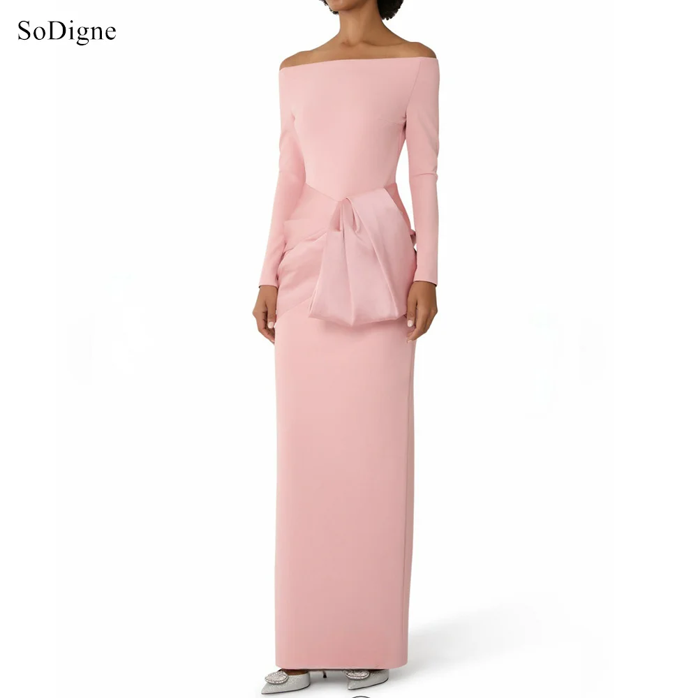 

SoDigne Elegant Pink Evening Dresses Off The Shoulder Full Sleeves Slit Party Dres Mermaid Formal Prom Gowns Customized