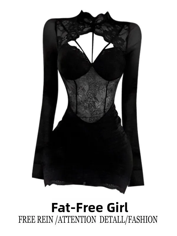 

French Sle Lace Splice Long Sve Dr Hollow out Wrap around Skirt High Waist Polyester Fiber Daily Wear Ladies ort Dr