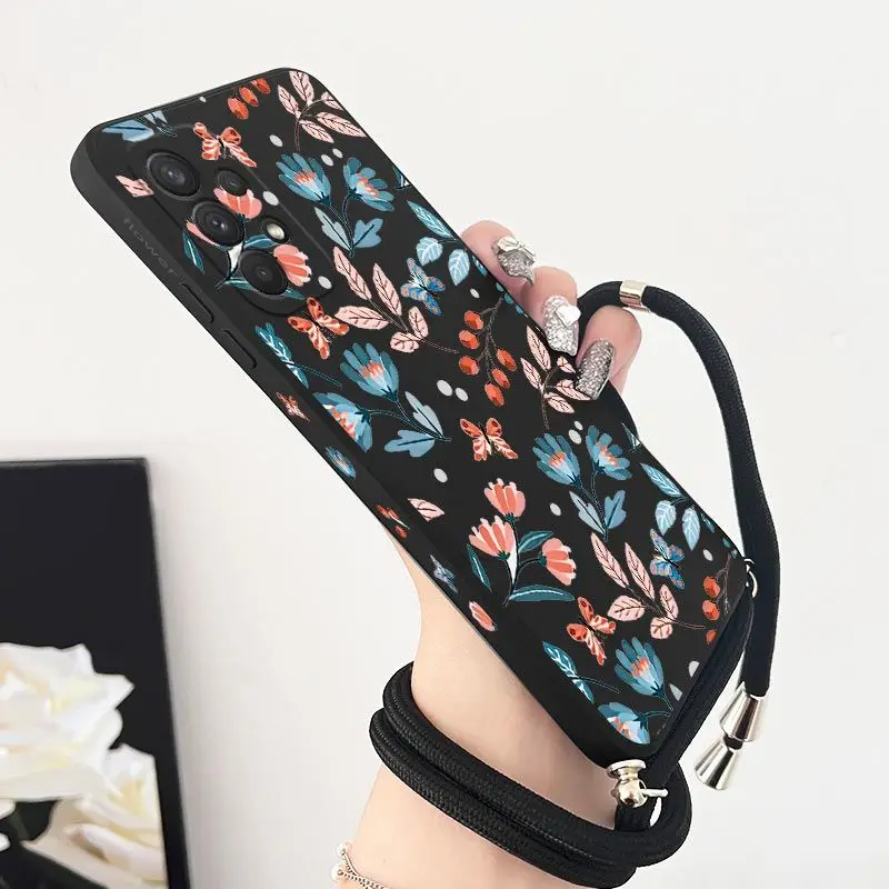 Sunrise Floral Crossbody Lanyard Silicone Phone Case For Samsung Galaxy A54 A34 A24 A73 A53 A52 A52S A04S A04E A72 Cover