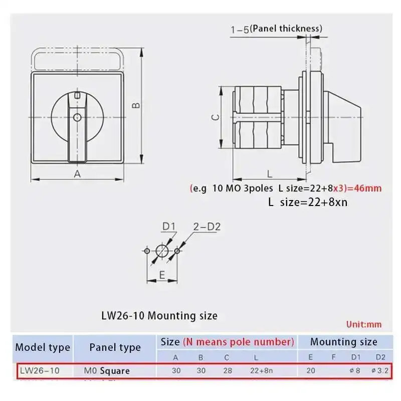 LW26-10/5 محدد التحول LW28 سلسلة 1-5 أقطاب 10A مفتاح كاميرا دوارة للتحكم في الطاقة باللون الفضي #3