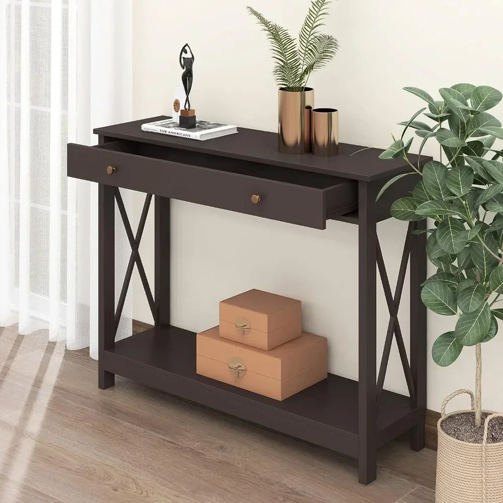 

Treocho Oxford Design Console Table with Drawer and Storage Shelves, Foyer Sofa Table Narrow for Entryway,Espresso