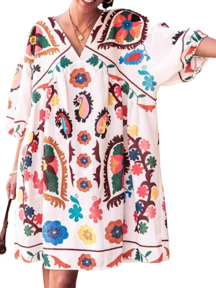 

Fashion Print Loose Dress For Female Casual V Neck Three Quarter Pullover Dresses Women Boho Holiday Beach Skirt Womens Clothing