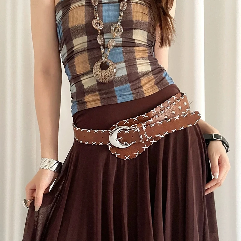 女性用リベットステッチベルトパンクスタイル-y2k-ヴィンテージチリウエストバンドショッピングデートパフォーマンスジーンズスカート装飾付き