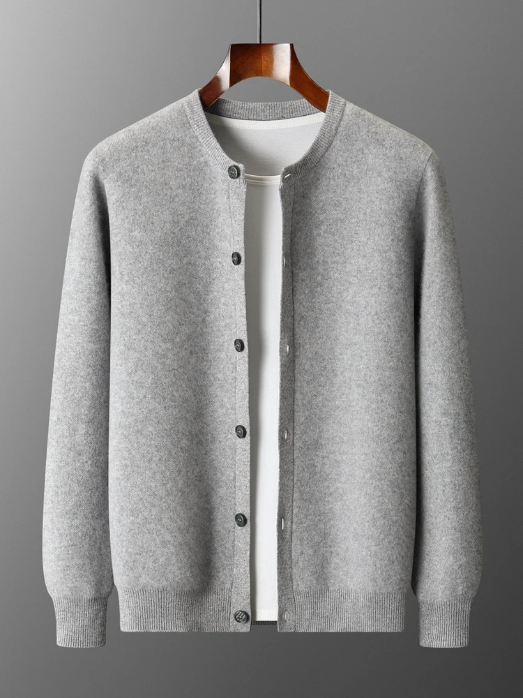 New Men's Cashmere O Neck Cardigan Autumn Winter 100% Merino Wool Thick Warm Sweater Buttoned Knitwear Casual Male Jacket