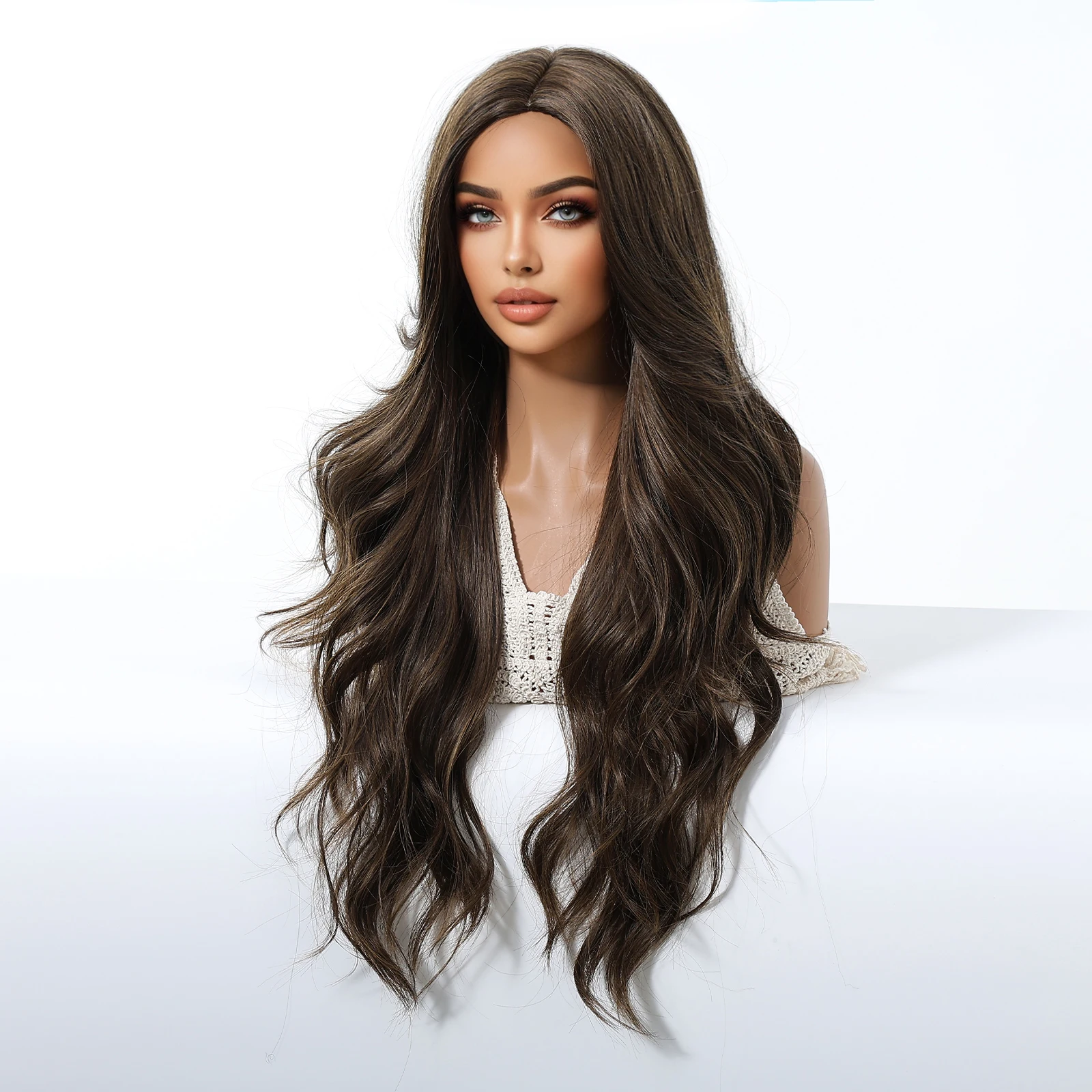 Peluca sintética de unicornio rubio, pelucas onduladas y rizadas marrones con flequillo, fiesta de Cosplay, uso Natural, fibra resistente al calor para mujeres y niñas