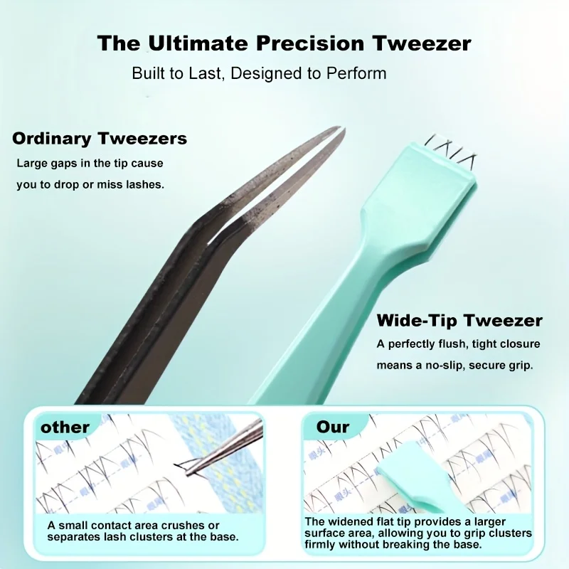 Aplicador de cílios inferiores de precisão, pinça para iniciantes com pontas planas e largas, aplicador de cílios de aço inoxidável premium, antiderrapante