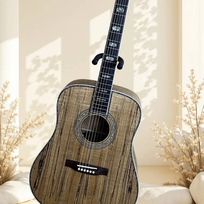 Dreadnought Acoustic Guitar Spalted Mahogany Back Side Gloss Wood Grain Finish 6 String Folk Guitar Beginner Unisex