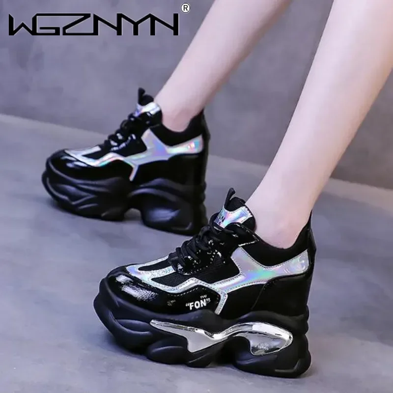 Designer Platform Sneakers Women Fashion Thick Sole Sports Shoes Ladies 11CM Wedges Casual Shoes For Woman Leather White Shoes