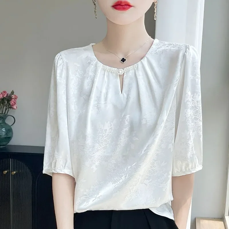 Cream Floral Jacquard Blouse with Pearl Trimmed Round Neck Puff Sleeve Loose Fit Summer Women Blouse view 3