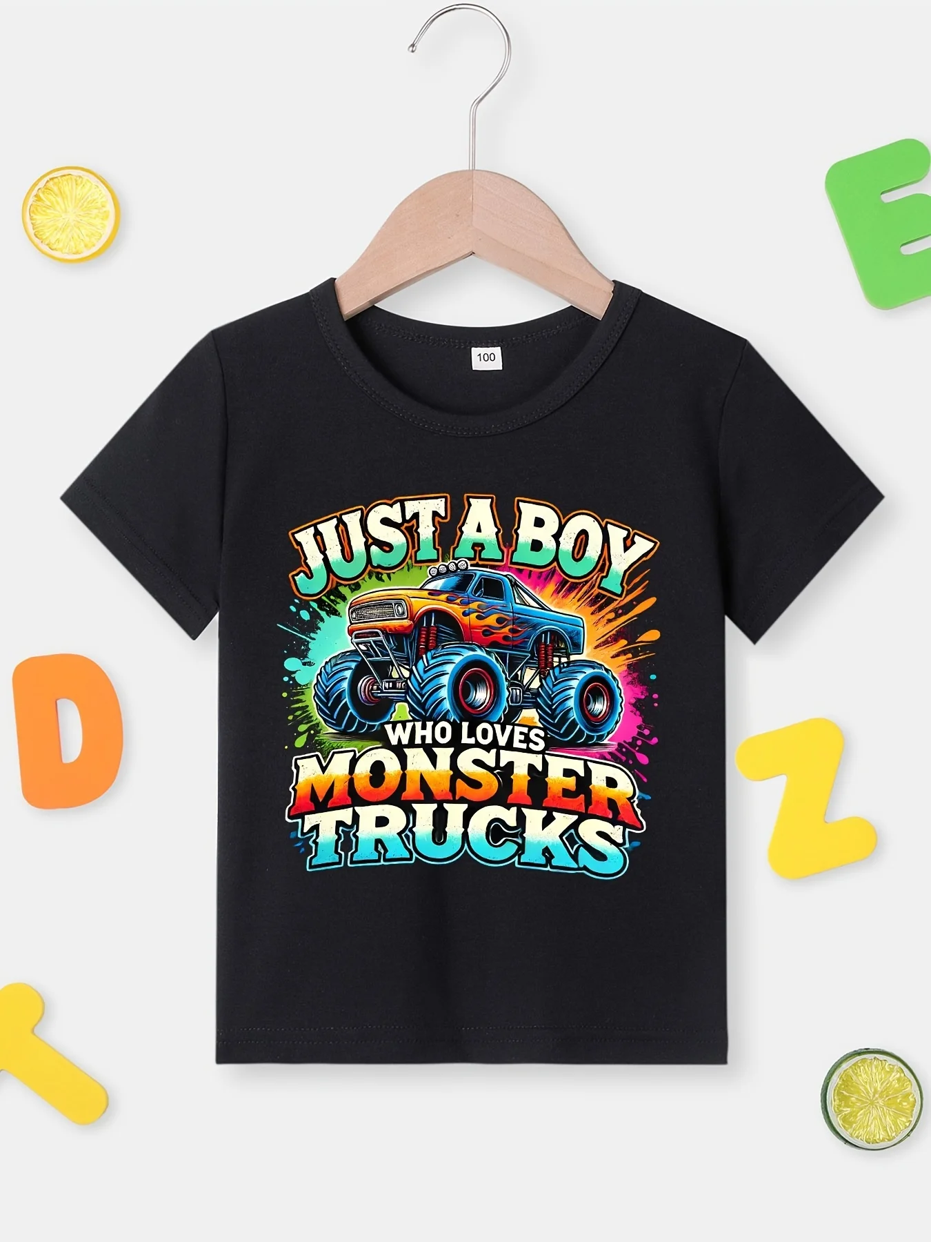 Just A Boy Who Loves Monster Trucks Off Road Vehicle Printed Cute Children's T-shirt Parent Child Trendy T-shirt Daily Wear