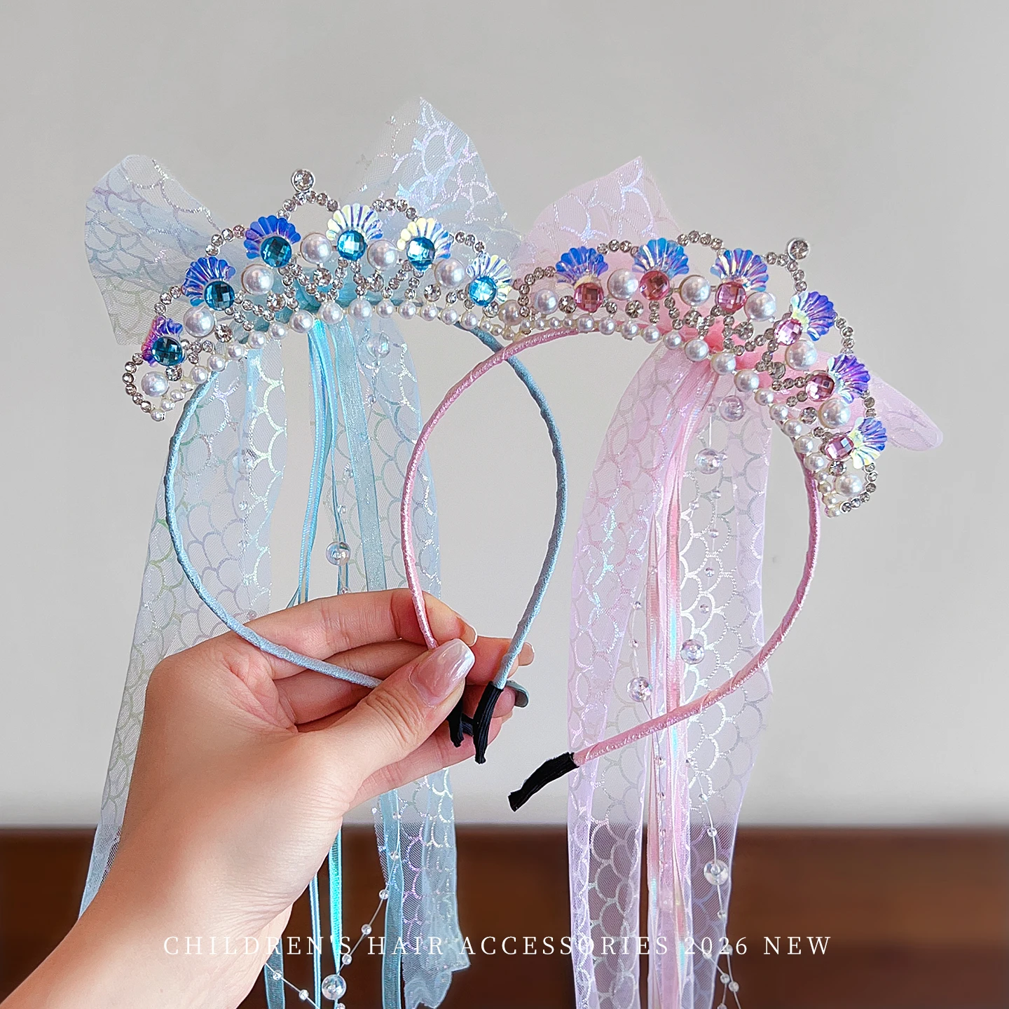 New Kids Princess Crown Headband Mermaid Tail Rhinestone Tiara Long Ribbon Streamer Tulle Veil No Hurt Hair Hoop for Toddler view 5