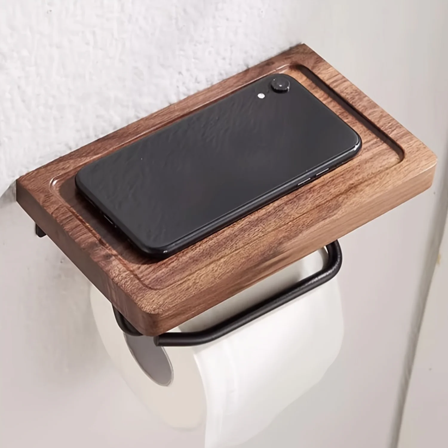 Walnut Wood Wall-Mounted Toilet Paper Holder with Shelf - No-Drill Installation