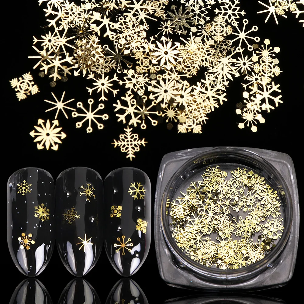 

80-90pcs/jar Hollow Out Gold Nail Glitter Sequin Snow Flakes 8/10mm Mixed Metal Snowflakes 2023 DIY Snow Flake Manicure Decor