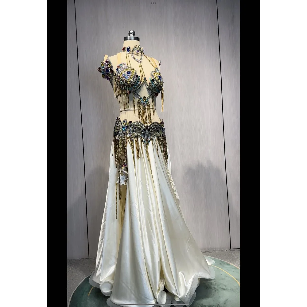 BellyDance Suit Embroidery Diamond Bra Split Fishtail Skirt Performance Set Custom Adult Child Competition Clothing Accessories