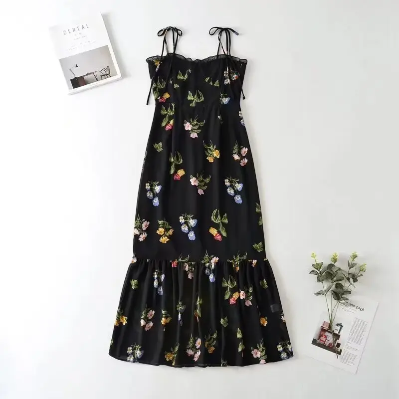 

Women's Dresses Summer Sleeveless Tube Top Suspender Floral Skirt Lined Double Fabric Long Skirt And The Length To Ankle Dress