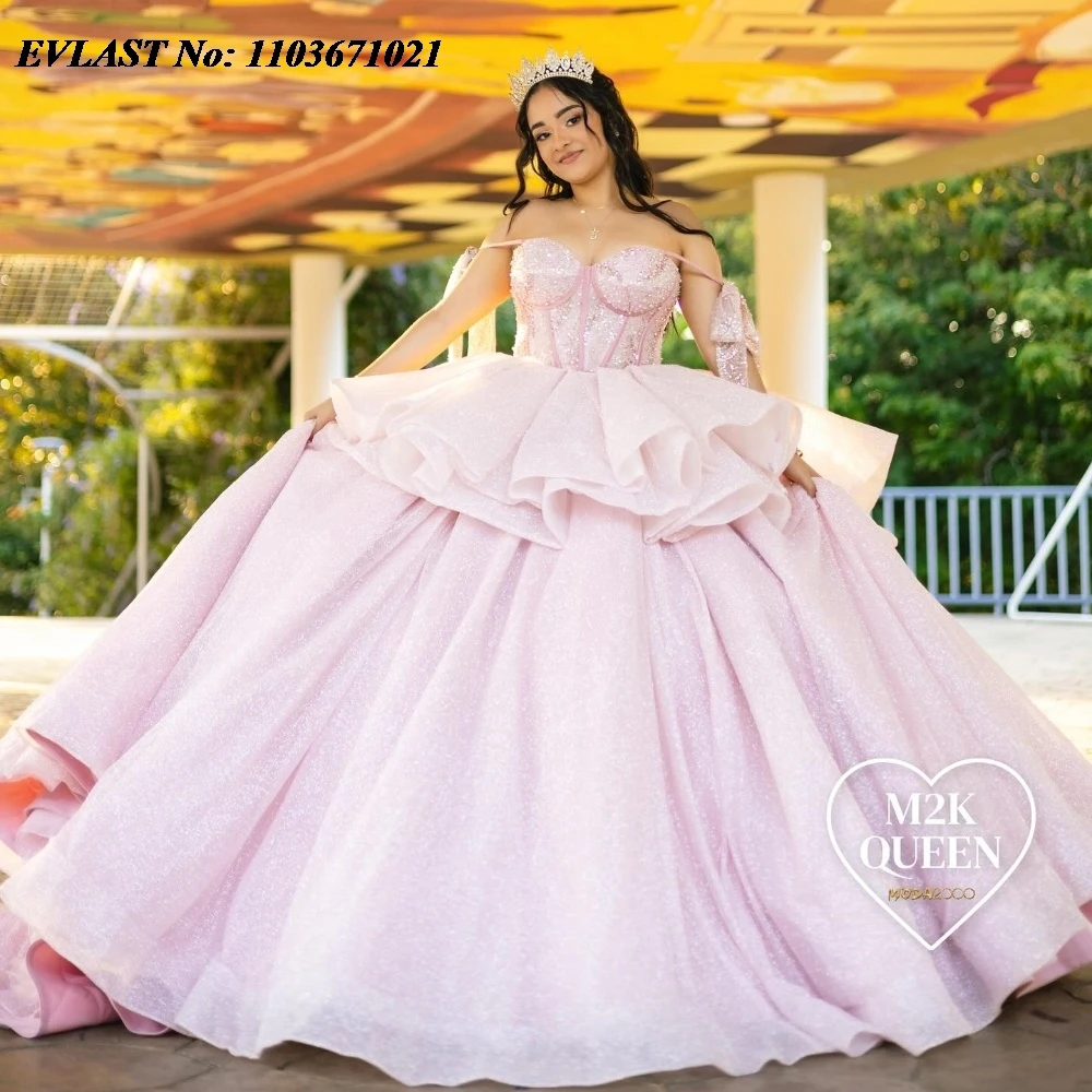 

EVLAST Princess Pink Quinceanera Dress Shiny Applique Beading Crystals Tiered Corset Sweet 16 Mexican Vestidos De 15 Anos SQ428