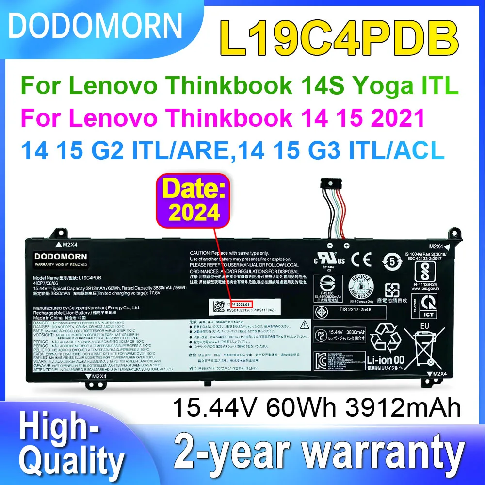 

DODOMORN For Lenovo Thinkbook 14S Yoga ITL,14 15 G2 G3 ITL ARE ACL Laptop Battery L19C4PDB L19M4PDB SB10Z21205 15.44V 3912mAh