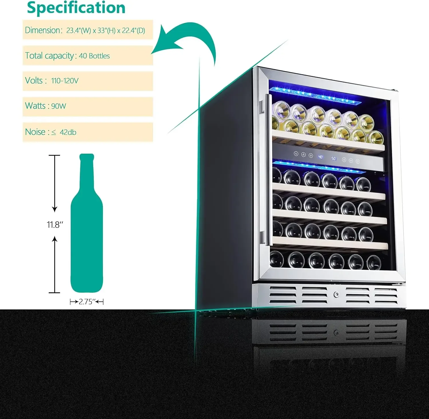 Wine Cooler, 46 Bottle - Dual Zone Built-in or Freestanding Fridge with Stainless Steel Reversible Glass Door, for Home, Kitchen