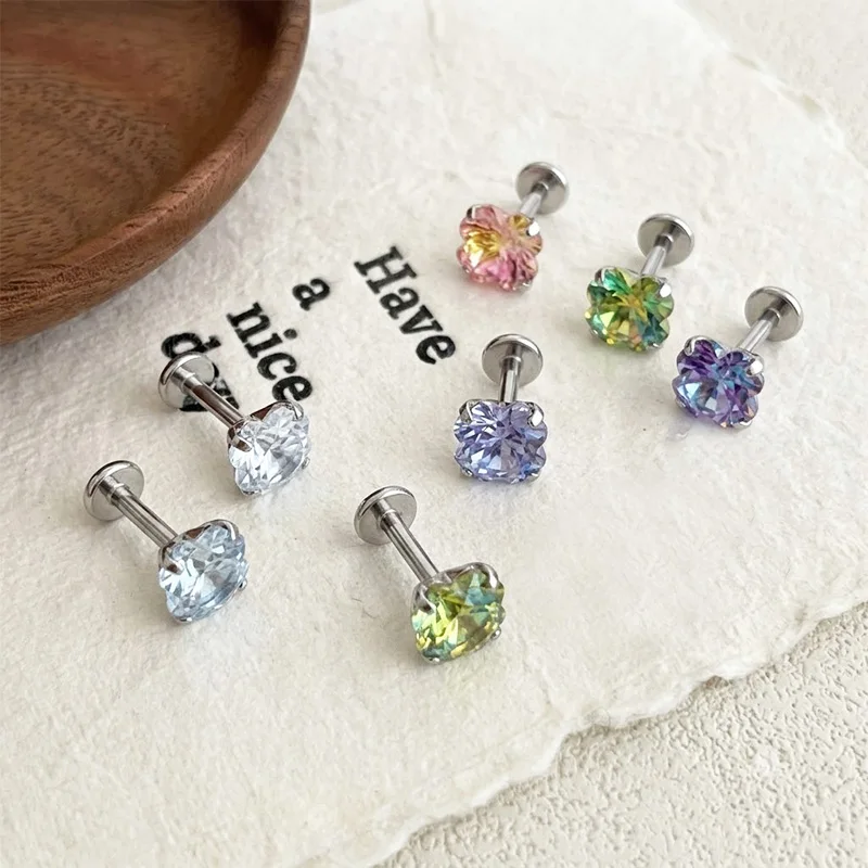 G23 F136 Flower Earring Lucky Four Leaf Gemstone Design Iridescent High Quality Women Adult Delicate Fashionable Classic Stud