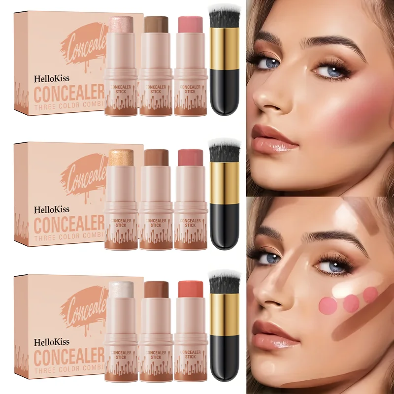 Bastões de Contorno, Bastão Iluminador, Bastão de Blush, Conjunto de Contorno em Creme de 3 Peças Incluindo Pincel de Contorno, Cria Contornos Faciais