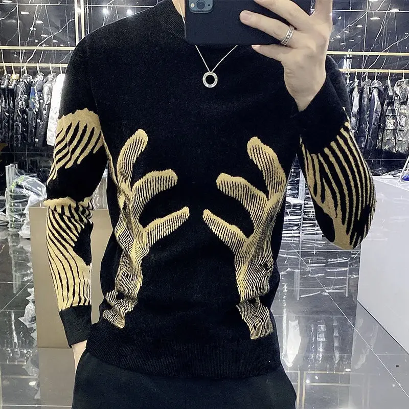 Stylish Printed O-Neck Spliced All-match Korean Sweater Men Clothing 2022 Autumn New Oversized Casual Pullovers Loose Warm Tops