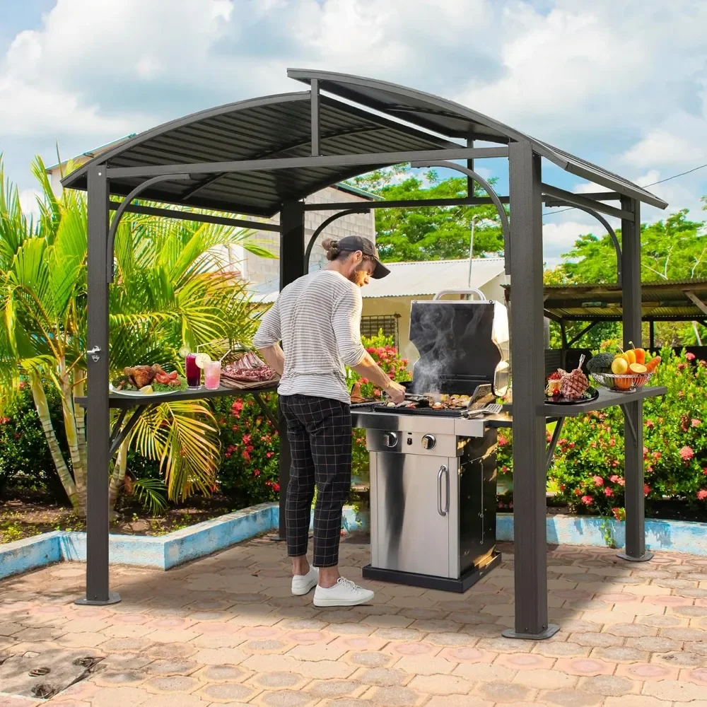 

Hardtop Grill Gazebo 8x5FT, Grill Canopy for Outdoor Grill w/Double Galvanized Steel Roof and 2 Side Shelves